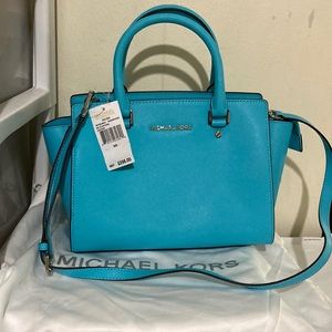 Michael Kors SELMA MD TZ Satchel Aquamarine Saffiano leather